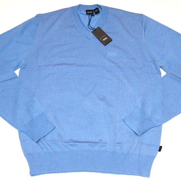 New Hugo Boss Sweater V neck Blue Wool Sweater Pullover